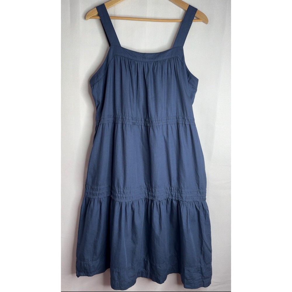Pact Organic Cotton Tiered Midi Dress Blue Sleeveless Square Neck Pockets Large